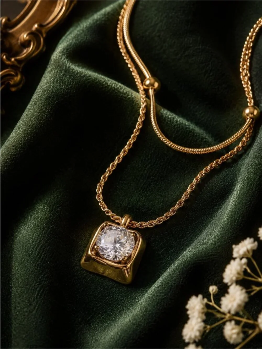 Gold Toned Pendant Necklace with Clear Stone